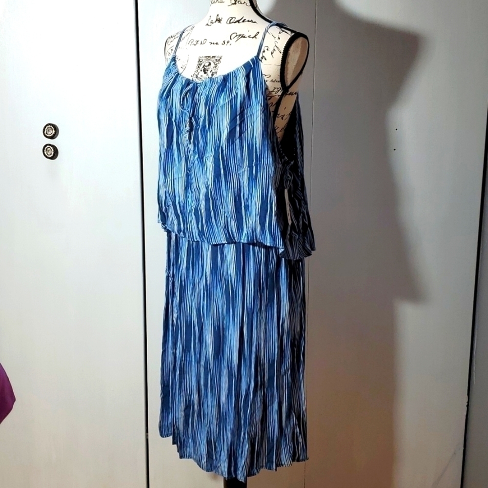 Retro |White & Blue Striped Flowy Midi Dress Artsy Slimming! Sz.2X